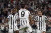 Juventus' Dusan Vlahovic celebrates with teammates after scoring during the Italian serie A soccer match between Juventus and Sassuolo at the Juventus Stadium, Turin, Italy, Monday, Aug. 15, 2022. (Marco Alpozzi/LaPresse via AP)