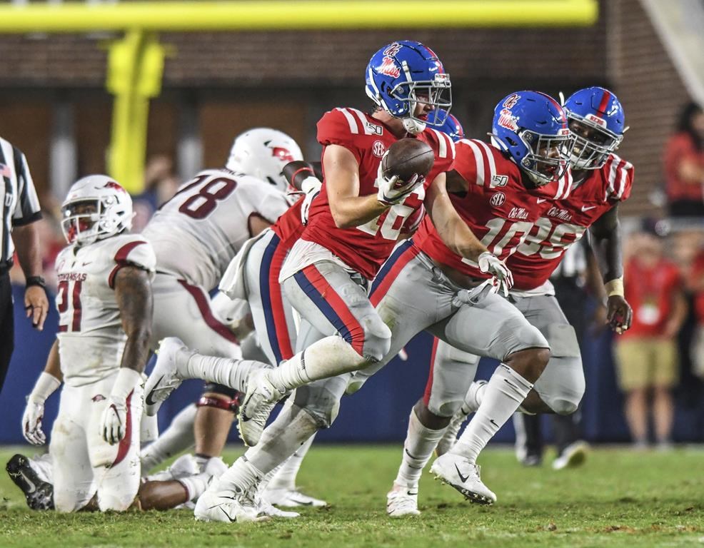 FILE -Mississippi linebacker Luke Knox (16) celebrates a fumble recovery against Arkansas during an NCAA college football game Saturday, Sept. 7, 2019, in Oxford, Miss. Knox, who appeared in 23 games at Ole Miss before joining the Panthers, has died, the university said. Knox died Wednesday, Aug. 17, 2022, school officials said. The cause was not revealed, though the university said early Thursday that police “do not suspect foul play.