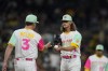 San Diego Padres relief pitcher Josh Hader, right, hands the ball to manager Bob Melvin (3) as he is taken out during the ninth inning of a baseball game against the Washington Nationals, Friday, Aug. 19, 2022, in San Diego. (AP Photo/Gregory Bull)