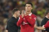 Manchester United's Cristiano Ronaldo applauds at the end of the English Premier League soccer match between Manchester United and Liverpool at Old Trafford stadium, in Manchester, England, Monday, Aug 22, 2022. (AP Photo/Dave Thompson)