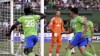 Seattle Sounders defender Yeimar Gómez, left, celebrated after scoring a goal as Portland Timbers goalkeeper Aljaž Ivačič, center look on during the first half of an MLS soccer match in Portland, Ore., Friday, Aug. 26, 2022. (AP Photo/Steve Dykes)