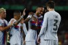 Barcelona's Pierre-Emerick Aubameyang, second right, celebrates after scoring his side's opening goal during a charity friendly soccer match between Barcelona and Manchester City at the Camp Nou stadium in Barcelona, Spain, Wednesday, Aug. 24, 2022. (AP Photo/Joan Monfort)