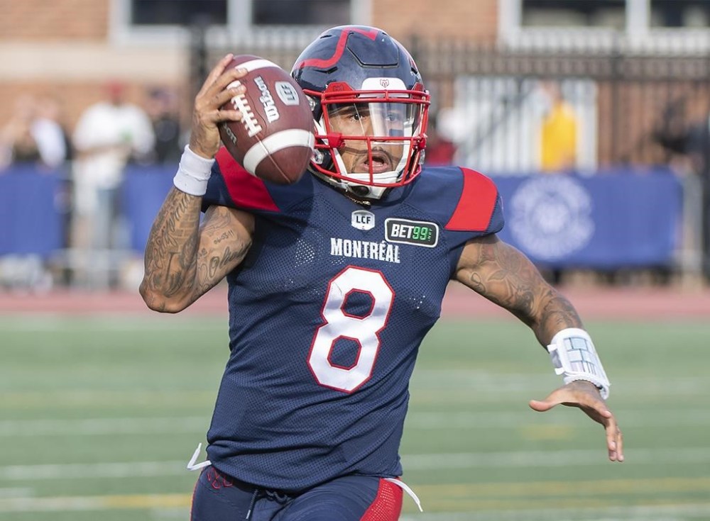 Montreal Alouettes quarterback Vernon Adams Jr.runs with the ball against the Ottawa Redblacks during second half CFL football action in Montreal, Monday, October 11, 2021. THE CANADIAN PRESS/Graham Hughes
