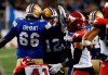 Winnipeg Blue Bombers quarterback Dakota Prukop (12) celebrates his game winning short yardage touchdown against the Calgary Stampeders during the second half CFL action in Winnipeg Thursday, August 25, 2022. THE CANADIAN PRESS/John Woods