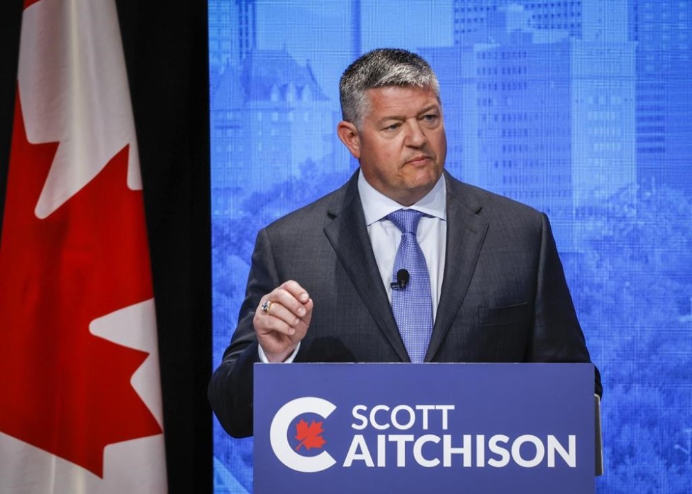 Candidate Scott Aitchison makes a point at the Conservative Party of Canada English leadership debate in Edmonton, Alta., Wednesday, May 11, 2022. THE CANADIAN PRESS/Jeff McIntosh