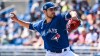Toronto Blue Jays’ Julian Merryweather pitches against the Pittsburgh Pirates during the second inning of a spring training baseball game at TD Ballpark, Sunday, March 20, 2022, in Dunedin, Fla. THE CANADIAN PRESS/Steve Nesius