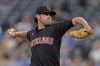 Cleveland Guardians starting pitcher Shane Bieber throws during the first inning of a baseball game against the Kansas City Royals Tuesday, Sept. 6, 2022, in Kansas City, Mo. (AP Photo/Charlie Riedel)