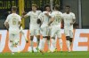 Bayern's Leroy Sane, 3rd from left, celebrates scoring his side's opening goal during the Champions League, group C soccer match between Inter Milan and Bayern Munich, at the Milan San Siro stadium, Italy, Wednesday, Sept. 7, 2022. (AP Photo/Luca Bruno)