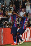 Barcelona's Franck Kessie celebrates after scoring his side's first goal during a Group C Champions League soccer match between FC Barcelona and Viktoria Plzen at the Camp Nou stadium in Barcelona, Spain, Wednesday, Sept. 7, 2022. (AP Photo/Joan Monfort)