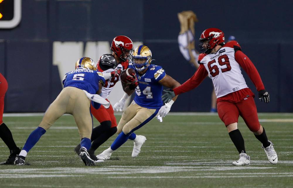 John Woods / THE CANADIAN PRESS FILES
Willie Jefferson sacks Stampeders QB Bo Levi Mitchell during the clubs’ July 15 matchup in Winnipeg.