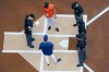 San Francisco Giants' Scott Alexander and Milwaukee Brewers' Jason Alexander exchange lineups before game 2 of a doubleheader baseball game against the San Francisco Giants Thursday, Sept. 8, 2022, in Milwaukee. (AP Photo/Morry Gash)