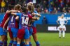 FILE - Barcelona players celebrate after teammate Alexia Putellas scored a goal during the Women's Spanish La Liga soccer match between Barcelona and Real Madrid at Johan Cruyff stadium in Barcelona, Spain, Sunday, March 13, 2022. The start of Spain’s new professional women’s league has been called off after referees refused to work until their demands for better wages and work conditions are met. The league was scheduled to kick off on Saturday, Sept. 10, 2022 but the league issued a statement saying that it was impossible to hold the games after the referee crews did not show up. Spain’s female soccer referees announced a strike on Thursday. (AP Photo/Joan Monfort, File)