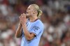 Manchester City's Erling Haaland reacts during the group G Champions League soccer match between Sevilla and Manchester City in Seville, Spain, Tuesday, Sept. 6, 2022. (AP Photo/Jose Breton)
