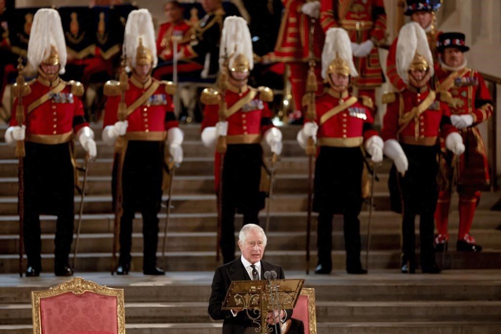 Britain's King Charles III speaks at Westminster Hall, where both Houses of Parliament are meeting to express their condolences following the death of Queen Elizabeth II, at Westminster Hall, in London, Monday, Sept. 12, 2022. Queen Elizabeth II, Britain's longest-reigning monarch, died Thursday after 70 years on the throne. (John Sibley/Pool Photo via AP)
