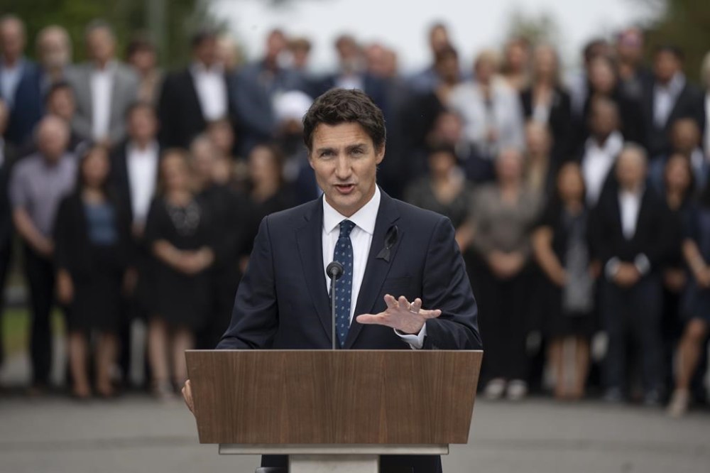 Prime Minister Justin Trudeau makes a speech during the Liberal summer caucus retreat in St. Andrews, N.B. on Monday, September 12, 2022. THE CANADIAN PRESS/Darren Calabrese