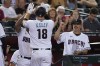Arizona Diamondbacks' Carson Kelly (18) celebrates his home run against the San Diego Padres during the seventh inning of a baseball game, Thursday, Sept. 15, 2022, in Phoenix. (AP Photo/Matt York)