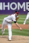 Cleveland Guardians starting pitcher Shane Bieber delivers against the Minnesota Twins during the first inning of the first game of a baseball doubleheader in Cleveland, Saturday, Sept. 17, 2022. (AP Photo/Phil Long)