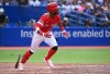 Toronto Blue Jays left fielder Raimel Tapia watches his three-RBI double in fifth inning American League baseball action against the Baltimore Orioles, in Toronto, Saturday, Sept. 17, 2022. THE CANADIAN PRESS/Jon Blacker