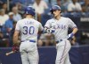 Texas Rangers' Corey Seager, right, celebrates with teammate Nathaniel Lowe (30) after hitting a home run against the Tampa Bay Rays during the fith inning of a baseball game, Sunday, Sept. 18, 2022, in St. Petersburg, Fla. (AP Photo/Mark LoMoglio)