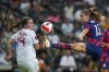 United States' Alex Morgan, right, controls the ball against Canadian defender Vanessa Gilles during the CONCACAF Women's Championship final soccer match in Monterrey, Mexico, Monday, July 18, 2022. Gilles has joined French powerhouse Lyon on loan from the NWSL's Angel City FC. THE CANADIAN PRESSZ/AP/Fernando Llano