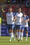 Lazio's Ciro Immobile, left, celebrates after scoring during the Serie A soccer match between Cremonese and Lazio at the Giovanni Zini Stadium in Cremona, Italy, Sunday, Sept. 18, 2022. (Gianni Santandrea/LaPresse via AP)
