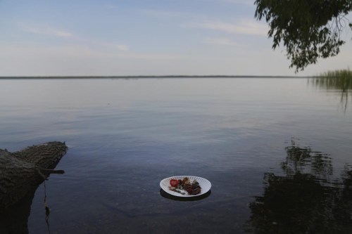 Elaine Fleming, a Leech Lake Band of Ojibwe elder, offers a plate of harvested foods, including wild rice, venison and berries all sprinkled with tobacco, to the waters of Leech Lake after a day of wild rice harvesting and processing, in Cass Lake, Minn., Monday, Sept. 12, 2022. (AP Photo/Jessie Wardarski)