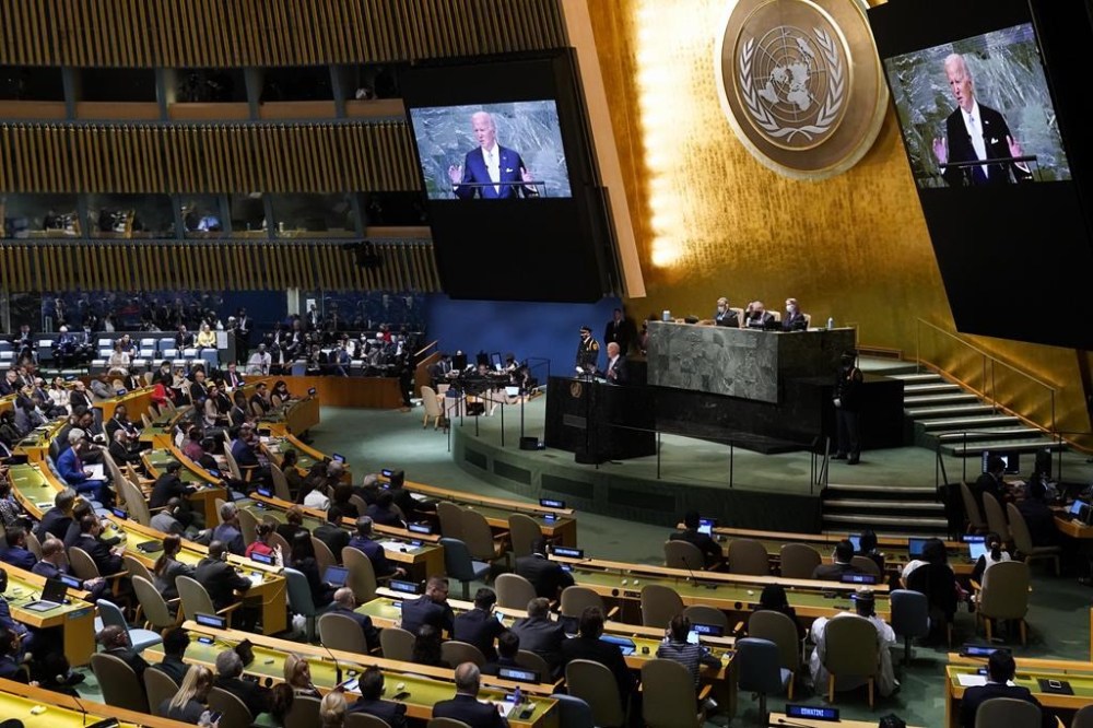 President Joe Biden addresses the 77th session of the United Nations General Assembly on Wednesday, Sept. 21, 2022, at the U.N. headquarters. (AP Photo/Evan Vucci)