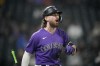 Colorado Rockies' Brendan Rodgers argues with first base umpire Hunter Wendelstedt, who ruled that Rodgers went around on a pitch during the fifth inning of the team's baseball game against the Arizona Diamondbacks on Friday, Sept. 9, 2022, in Denver. Rodgers was ejected. (AP Photo/David Zalubowski)