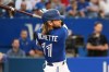 Toronto Blue Jays shortstop Bo Bichette watches his double off Chicago Cubs starting pitcher Marcus Stroman in first inning interleague baseball action in Toronto on August 30, 2022. With two weeks left in the regular season, the Blue Jays lead the American League wild-card standings and have a faint chance of catching the New York Yankees in the East Division race. THE CANADIAN PRESS/Jon Blacker