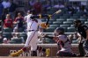 Atlanta Braves' Ronald Acuna Jr. (13) strikes out in the ninth inning of a baseball game against the Washington Nationals, Wednesday, Sept. 21, 2022, in Atlanta. (AP Photo/Brynn Anderson)