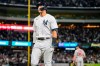 New York Yankees' Aaron Judge reacts after hitting a fly out during the ninth inning of a baseball game against the Boston Red Sox Thursday, Sept. 22, 2022, in New York. (AP Photo/Frank Franklin II)