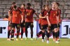 Belgium's Michy Batshuayi, center, is congratulated after scoring his sides second goal during the Nations League soccer match between Belgium and Wales at the King Baudouin Stadium in Brussels, Thursday, Sept. 22, 2022. (AP Photo/Geert Vanden Wijngaert)