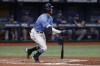 Tampa Bay Rays' Miles Mastrobuoni watches his single against the Toronto Blue Jays, his first hit in the majors, during the fifth inning of a baseball game Friday, Sept. 23, 2022, in St. Petersburg, Fla. (AP Photo/Scott Audette)