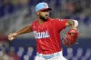 Miami Marlins starting pitcher Sandy Alcantara throws during the first inning of a baseball game against the Washington Nationals, Saturday, Sept. 24, 2022, in Miami. (AP Photo/Lynne Sladky)