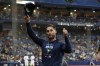 Tampa Bay Rays' Kevin Kiermaier gestures to fans after a video tribute to him, during the second inning of the team's baseball game against the Toronto Blue Jays on Saturday, Sept. 24, 2022, in St. Petersburg, Fla. Kiermaier is out for the season. (AP Photo/Scott Audette)
