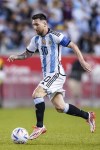 Argentina forward Lionel Messi controls the ball during the tema's international friendly soccer match against Jamaica on Tuesday, Sept. 27, 2022, in Harrison, N.J. Argentina won 3-0. (AP Photo/Eduardo Munoz Alvarez)