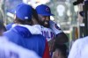 Chicago Cubs' Jason Heyward, right, is hugged by starting pitcher Adbert Alzolay after being honored during the team's baseball game against the Cincinnati Reds in Chicago, Saturday, Oct. 1, 2022. (AP Photo/Matt Marton)