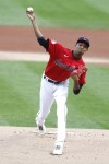 Cleveland Guardians starting pitcher Triston McKenzie delivers against the Kansas City Royals during the first inning of a baseball game, Monday, Oct. 3, 2022, in Cleveland. (AP Photo/Ron Schwane)