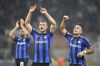 Inter Milan's Lautaro Martinez, right, and Inter Milan's Edin Dzeko celebrate at the end of the Champions League group C soccer match between Inter Milan and Barcelona at the San Siro stadium in Milan, Italy, Tuesday, Oct. 4, 2022. Inter Milan won 1-0. (AP Photo/Luca Bruno)