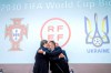 Portuguese Soccer Federation President Fernando Gomes, left, President of the Spanish Royal Federation of Soccer (RFEF), Luis Rubiales, right, Ukrainian Football Federation President Andriy Pavelko, center, welcome during a press conference about the announcing that Ukraine is joining Spain and Portugal in their joint bid to host the World Cup in 2030, at the UEFA Headquarters, in Nyon, Switzerland, Wednesday, October 5, 2022. The proposal harnesses the idea that football can restore hope and peace, while Ukraine has been at war with Russia for months. (Martial Trezzini/Keystone via AP)
