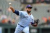Toronto Blue Jays relief pitcher Yimi Garcia throws a pitch to the Baltimore Orioles during the third inning of a baseball game, Wednesday, Oct. 5, 2022, in Baltimore. (AP Photo/Julio Cortez)