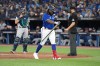 Toronto Blue Jays first baseman Vladimir Guerrero Jr. (27) walks back to the dugout after striking out against the Seattle Mariners during sixth inning American League wild card MLB post-season baseball action in Toronto on Friday, Oct. 7, 2022. THE CANADIAN PRESS/Nathan Denette