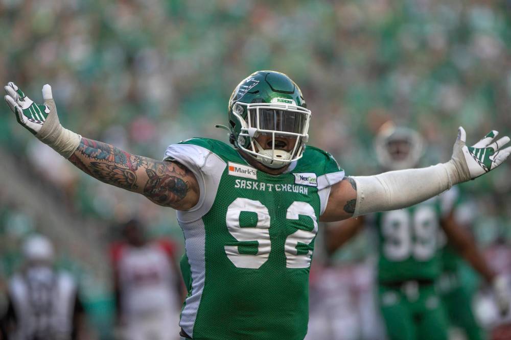 KAYLE NEIS / THE CANADIAN PRESS FILES
Saskatchewan Roughriders defensive lineman Garrett Marino has been suspended for four games this season for various indiscretions.