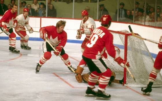 Pat Stapleton races in to help his goaltender Tony Esposito during Game Three of the Summit Series in Winnipeg, on Sept. 6, 1972. (Hockey Hall of Fame)