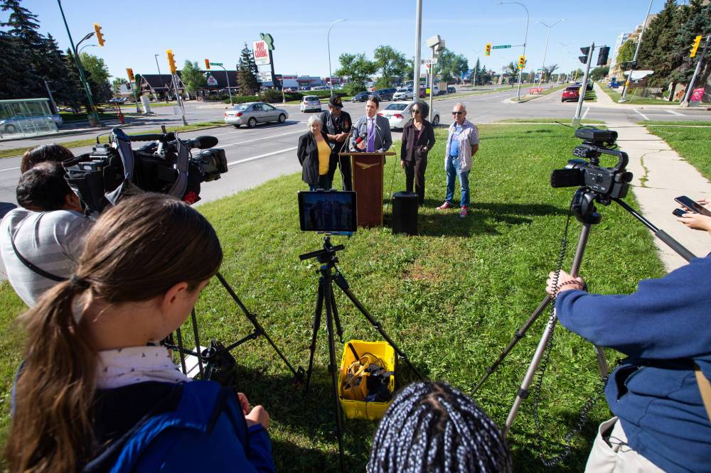 Mayoral candidate Robert-Falcon Ouellette announced his plan to review the city’s photo enforcement program at a press conference Saturday. (Daniel Crump / Winnipeg Free Press)