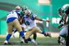 Winnipeg Blue Bombers quarterback Zach Collaros (8) tries to get his foot on a loose ball during CFL football action against the Winnipeg Blue Bombers, in Regina, Sunday, Sept. 4, 2022. (HO-Saskatchewan Roughriders, Liam Richards / The Canadian Press)