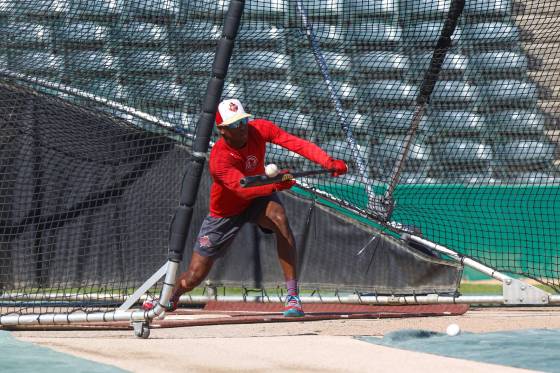 Reggie Pruitt Jr. lays down a bunt Tuesday during Goldeyes practice at Shaw Park. (Mike Deal / Winnipeg Free Press)