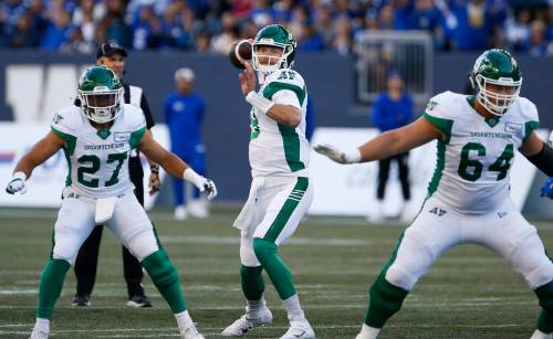 Saskatchewan Roughriders quarterback Jake Dolegala (9) throws against the Winnipeg Blue Bombers during the second half of the game. THE CANADIAN PRESS/John Woods