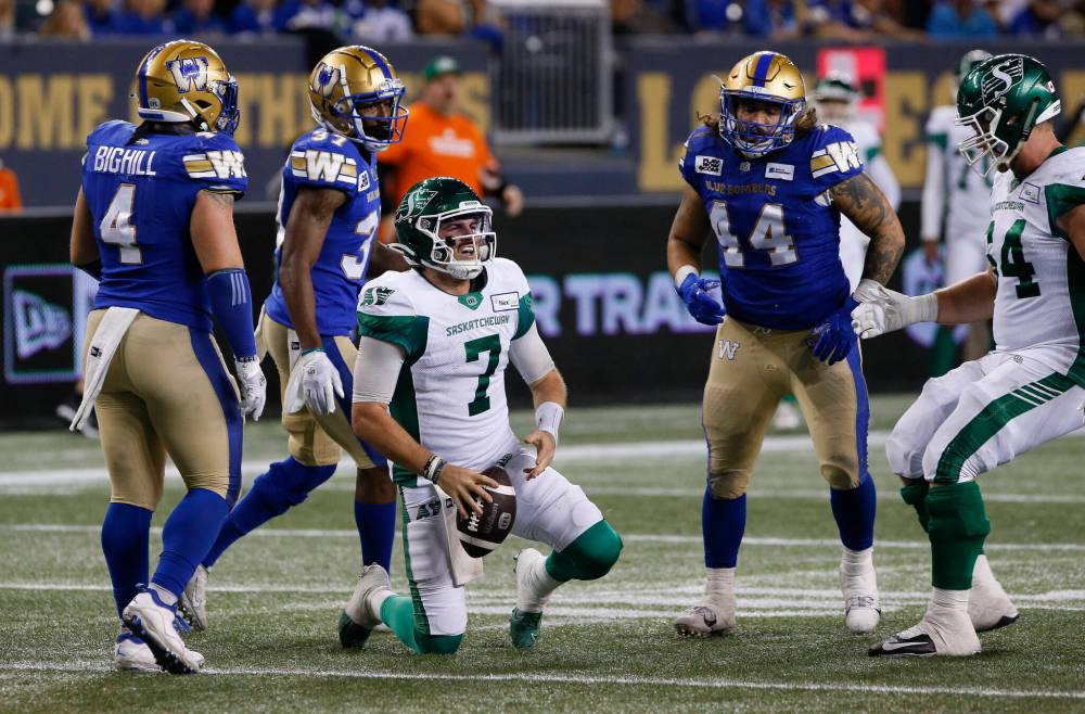 THE CANADIAN PRESS/John Woods
Saskatchewan Roughriders quarterback Cody Fajardo gets off the ground after being tackled by the Winnipeg Blue Bombers during the second half in Winnipeg Friday. The Bombers defence allowed just 13 points by the Roughriders and forced a whopping eight turnovers, including six in the second half.