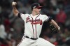 Atlanta Braves starting pitcher Kyle Wright (30) works during the first inning in Game 2 of baseball's National League Division Series between the Atlanta Braves and the Philadelphia Phillies, Wednesday, Oct. 12, 2022, in Atlanta. (AP Photo/John Bazemore)